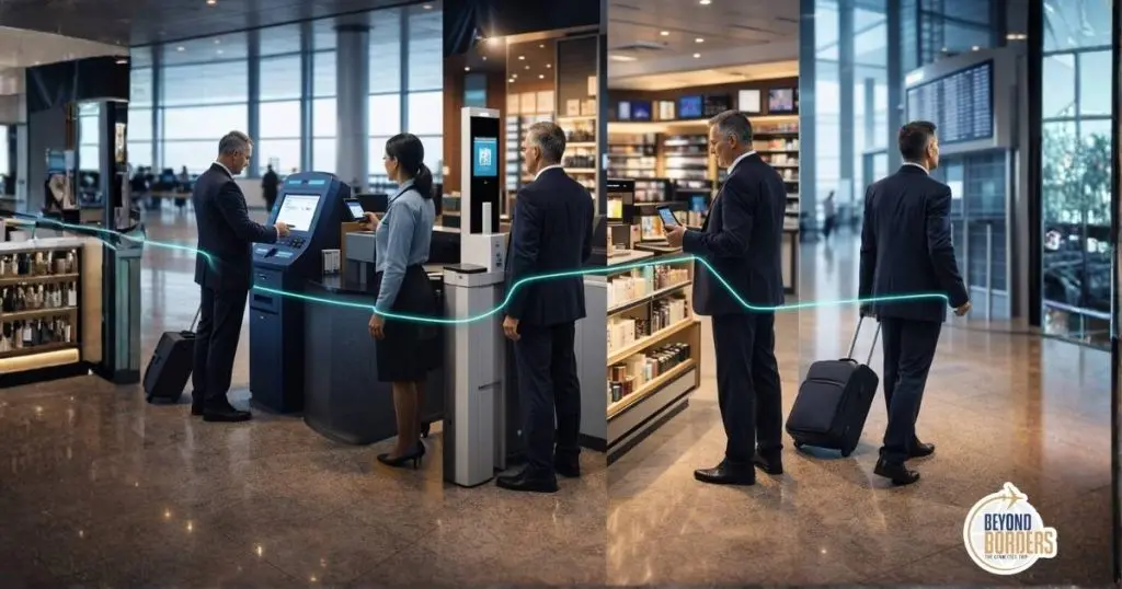 Passenger moving through an airport retail terminal generating data at five touchpoints: booking kiosk, loyalty app scan, security gate, retail counter and departure gate, all connected by a data network line illustrating airport retail AI personalisation