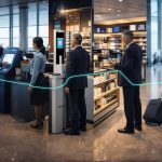 Passenger moving through an airport retail terminal generating data at five touchpoints: booking kiosk, loyalty app scan, security gate, retail counter and departure gate, all connected by a data network line illustrating airport retail AI personalisation