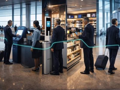 Passenger moving through an airport retail terminal generating data at five touchpoints: booking kiosk, loyalty app scan, security gate, retail counter and departure gate, all connected by a data network line illustrating airport retail AI personalisation