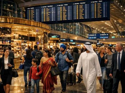 Global airport retail terminal showing diverse international passengers representing passenger mix risk and demand diversification strategy