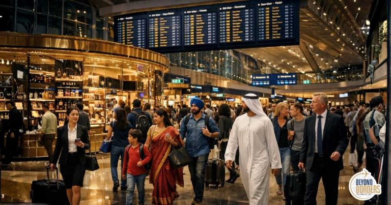 Global airport retail terminal showing diverse international passengers representing passenger mix risk and demand diversification strategy