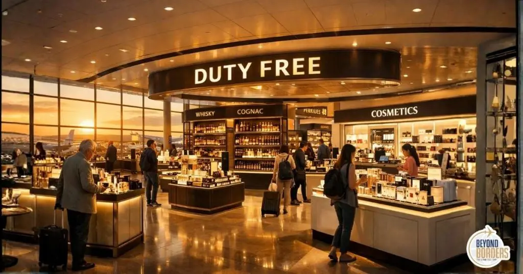 Duty free retail airport store with luxury perfumes spirits and cosmetics displayed at an international departure terminal representing the modern traveller shopping experience