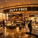Duty free retail airport store with luxury perfumes spirits and cosmetics displayed at an international departure terminal representing the modern traveller shopping experience