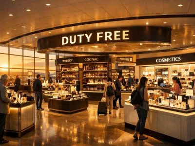 Duty free retail airport store with luxury perfumes spirits and cosmetics displayed at an international departure terminal representing the modern traveller shopping experience