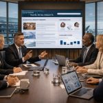 Travel retail media evolution showing industry leaders collaborating around a digital insight platform at a modern boardroom table representing the shift from coverage to community-driven leadership