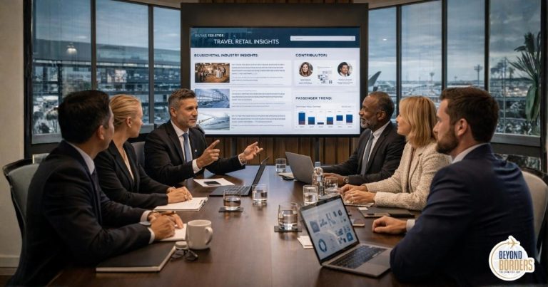 Travel retail media evolution showing industry leaders collaborating around a digital insight platform at a modern boardroom table representing the shift from coverage to community-driven leadership