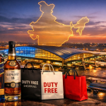 Duty free India airport terminal with premium Scotch whisky bottles, shopping bags and an illuminated Indian airport at dusk representing the impact of the India UK FTA on duty free India pricing