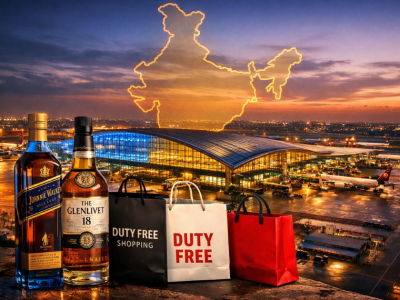 Duty free India airport terminal with premium Scotch whisky bottles, shopping bags and an illuminated Indian airport at dusk representing the impact of the India UK FTA on duty free India pricing