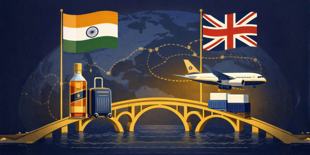 India and UK flags connected by a trade bridge with a Scotch whisky bottle and suitcase representing the India UK FTA impact on duty free India and premium spirits