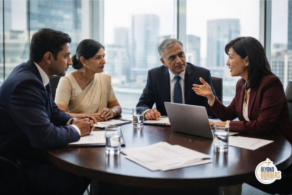 Senior business executives in focused boardroom discussion — representing leadership-level strategic dialogue across the travel retail and aviation industry