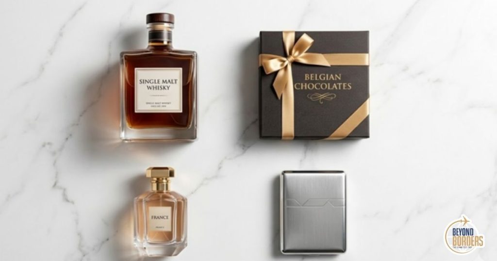 Flat lay of luxury India duty free allowance 2026 categories: premium whisky, Belgian chocolates, French perfume and cigarettes on marble, showing the expanded basket opportunity