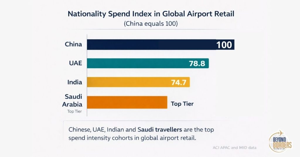 Bar chart showing global airport retail nationality spend intensity index with China at 100, UAE at 78.8 and India at 74.7