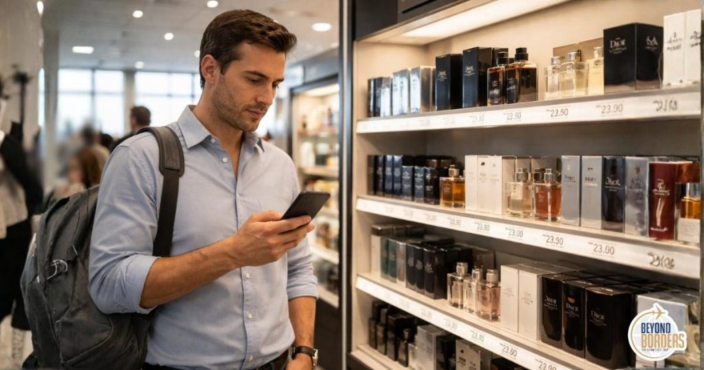 Duty free retail store challenges showing a traveller on a smartphone comparing prices while standing in an airport duty free aisle surrounded by identical global brand products