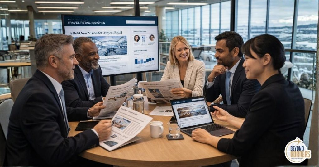 Travel retail media community platform showing diverse industry contributors sharing insights on a digital knowledge-sharing environment representing collaboration and thought leadership in travel retail