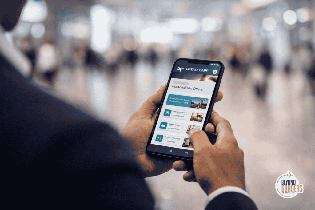 Passenger using a loyalty app on smartphone in airport terminal - illustrating data integration and technology-driven personalisation in travel retail