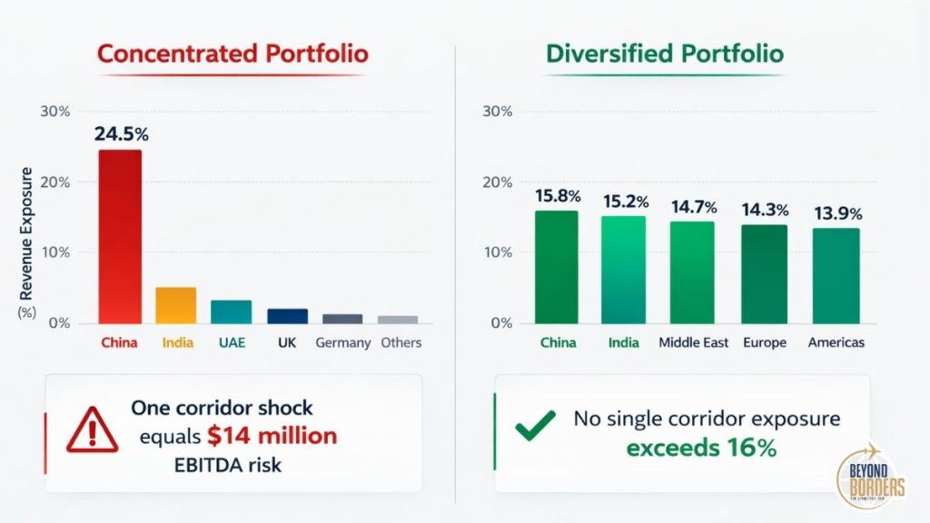 Split screen comparing concentrated global airport retail revenue exposure model versus diversified demand portfolio showing reduced risk