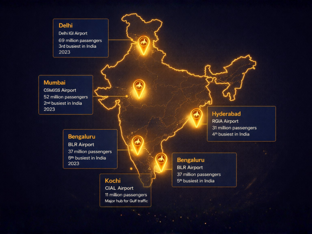 Map of India showing five duty free India airport hubs: Delhi IGI, Mumbai CSIA, Bengaluru BLR, Kochi CIAL and Hyderabad RGIA with passenger volumes and duty free India strategy notes
