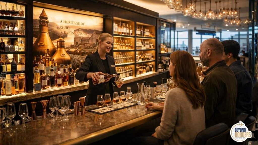 Experiential duty free retail store with a luxury spirits tasting bar and brand storytelling display showing passengers engaged with interactive product demonstrations at an international airport