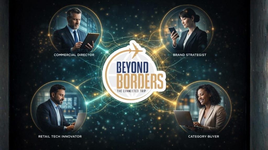 Travel retail media leadership ecosystem diagram showing interconnected contributors innovators and industry leaders sharing knowledge across a global travel retail platform network