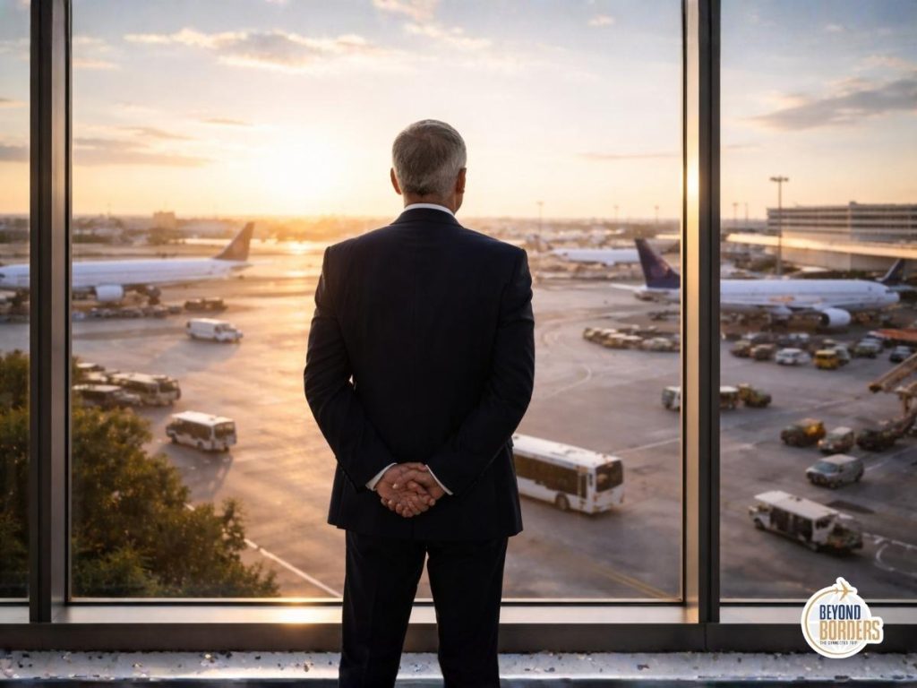 Senior executive standing at airport terminal window overlooking tarmac at golden hour - representing strategic vision and leadership perspective in aviation