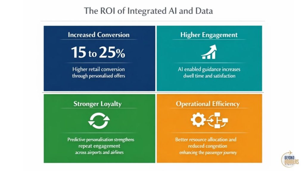 Four quadrant infographic showing airport retail ROI outcomes: Increased Conversion at 15 to 25% higher retail conversion, Higher Engagement through dwell time, Stronger Loyalty through repeat engagement and Operational Efficiency through resource allocation and reduced congestion
