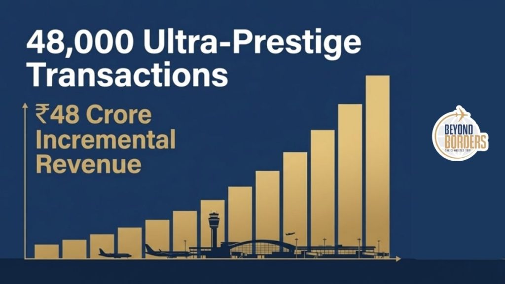 Infographic showing 48,000 ultra prestige transactions and Rs 48 crore incremental revenue from India duty free allowance 2026 basket expansion at Indian airports