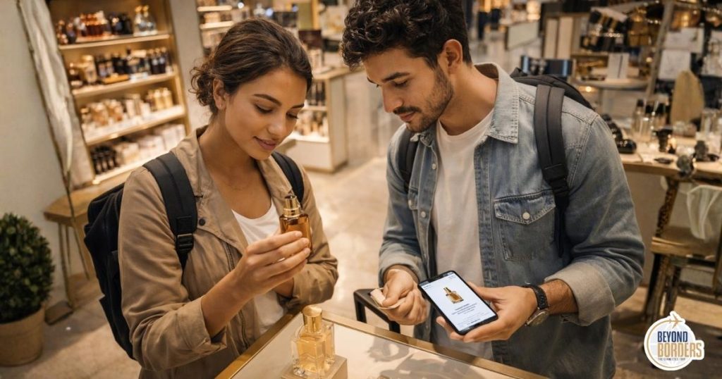 Young Millennial and Gen Z travellers browsing premium products at a global airport retail luxury store reflecting the demographic shift in duty free spending
