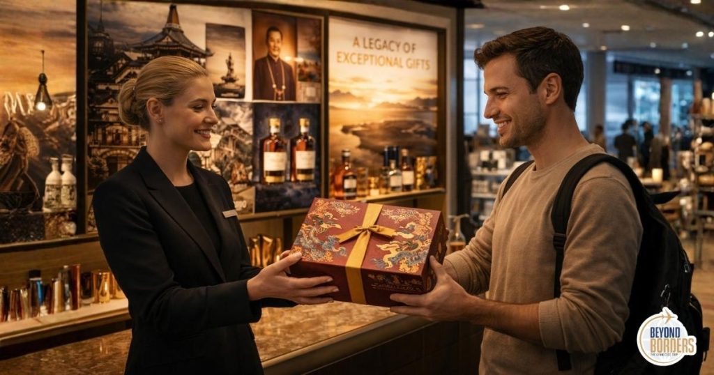 Duty free retail limited edition luxury packaging being presented to a delighted traveller by a brand ambassador inside a premium airport travel retail store with aspirational visual merchandising
