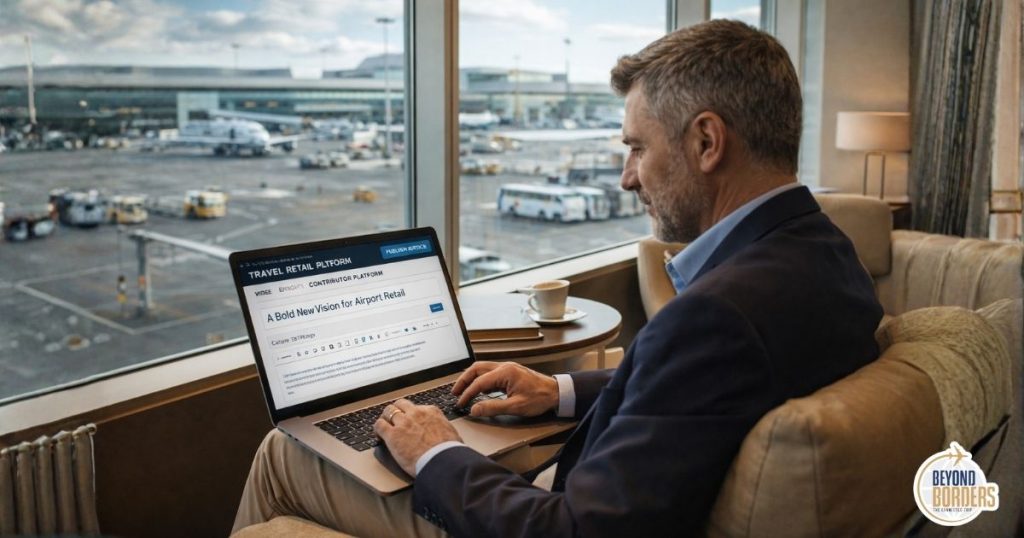 Senior travel retail industry professional writing a thought leadership article for a travel retail media platform on a laptop at an airport lounge representing the contributor experience in community-driven media