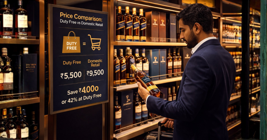 Duty free India retail display showing price comparison board between duty free India prices and domestic retail Scotch whisky prices with a traveller browsing premium spirits