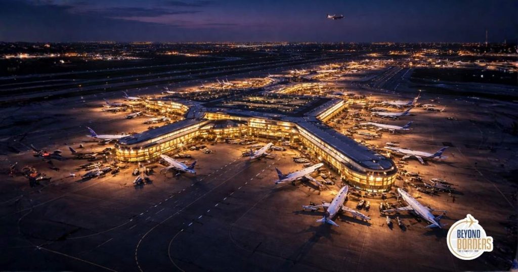 Aerial view of major international airport at dusk with illuminated terminals and runways - representing global aviation connectivity and the scale of the travel retail ecosystem