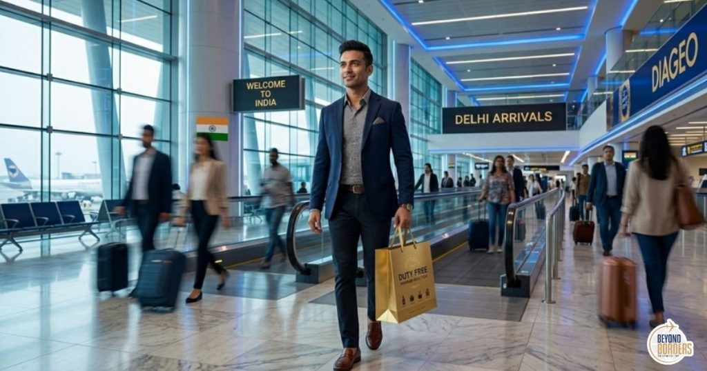 Confident South Asian business traveller walking through a modern Indian international airport arrivals terminal with a luxury India duty free allowance 2026 shopping bag