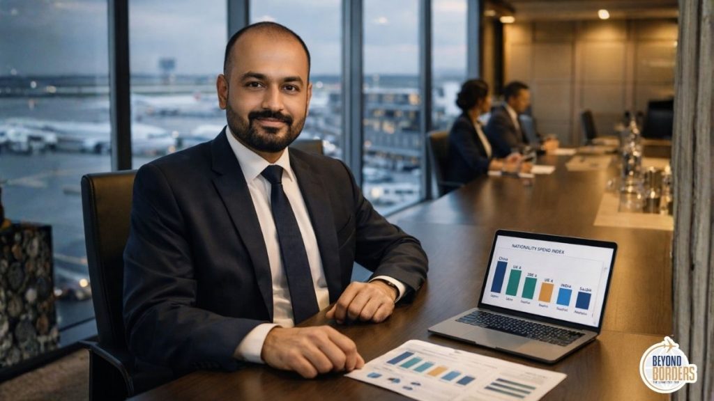 Senior airport retail commercial executive at boardroom table reviewing global airport retail diversification strategy data and passenger mix models