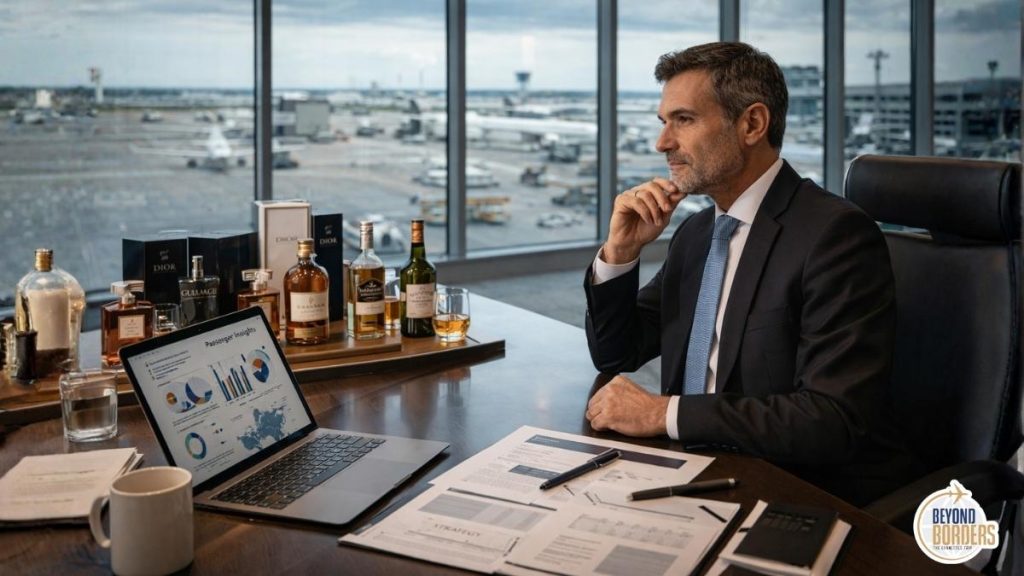 Travel retail strategy executive reviewing duty free retail perception and experience transformation road map at an airport commercial boardroom with brand imagery and passenger insight data