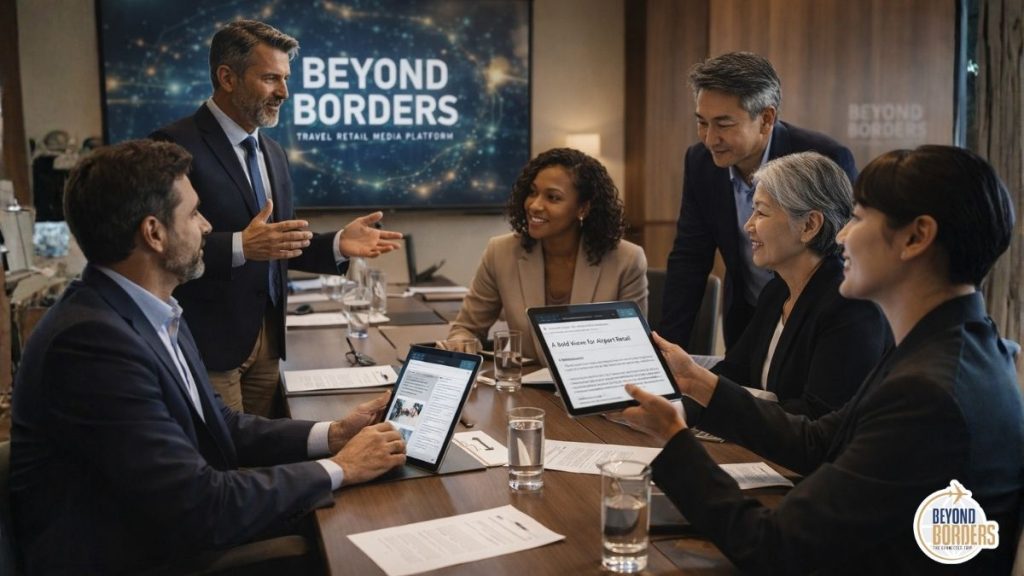 Travel retail media community gathering of global industry leaders and contributors at a Beyond Borders Insights leadership forum representing the future of community-driven travel retail insight