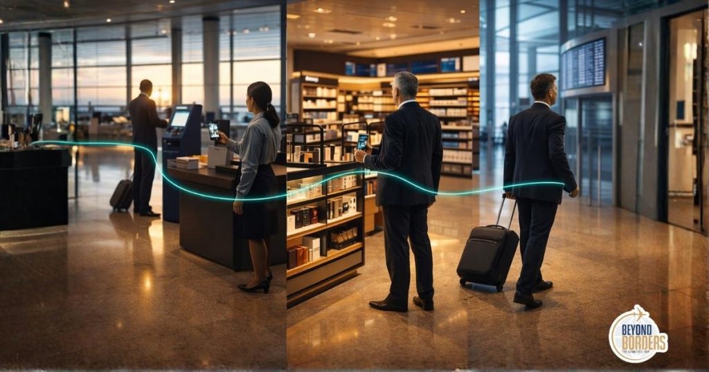 A single traveller moving through three visible airport retail touchpoints connected by one continuous teal line showing a connected airport retail journey rather than three separate transactions, representing the future of AI driven airport retail personalisation