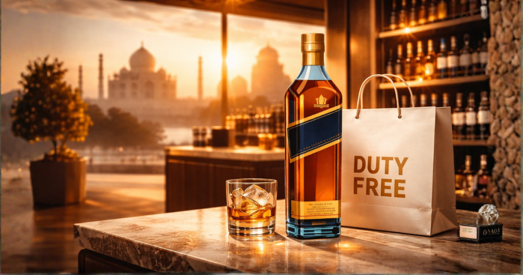 Duty free India premium Scotch whisky bottle and shopping bag in an airport lounge with an Indian landmark at golden hour representing the future of duty free India retail under the India UK FTA